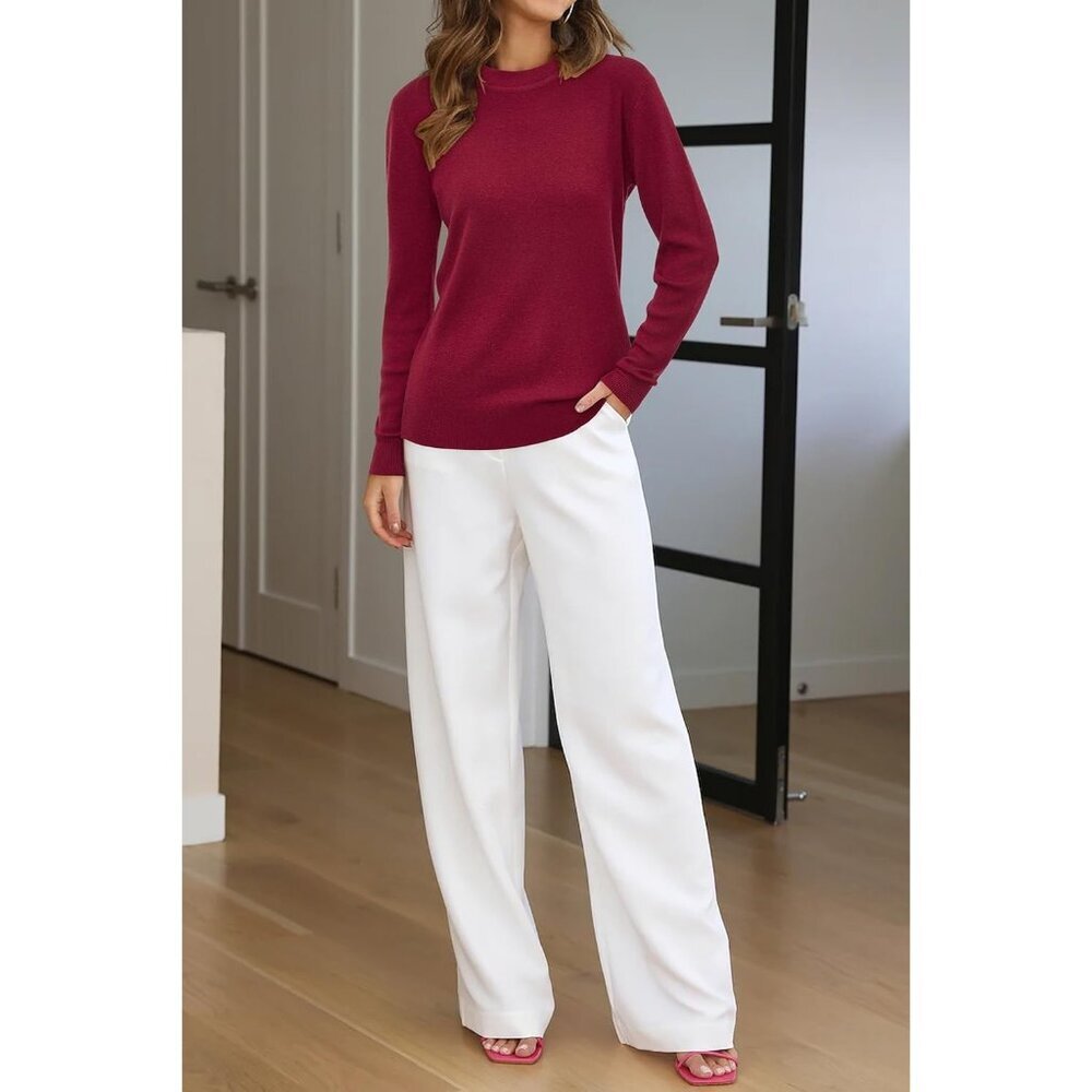 Women's A-Red Wool Blend Classic Crew Neck Casual Fall Winter Sweaters Shirt - Picture 4 of 7